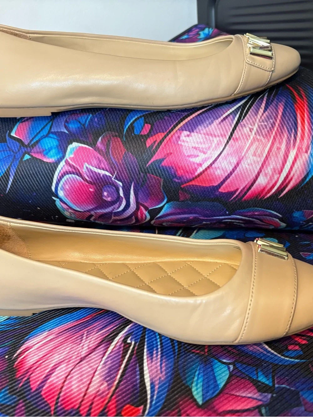 Michael Kors Beige Leather MK Logo Quilted Insole Flats